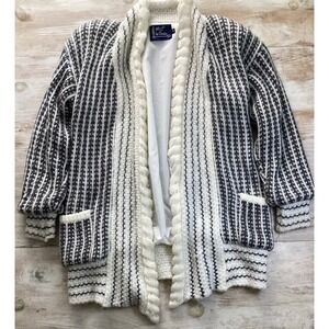 Monte par le Chois Vintage Black White Striped Chunky Knit Lined Cardigan Medium